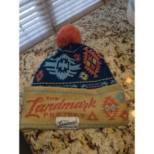 The Landmark Project Beanie Pom Pom Hat Southwestern Knit Navy Yellow Orange‎